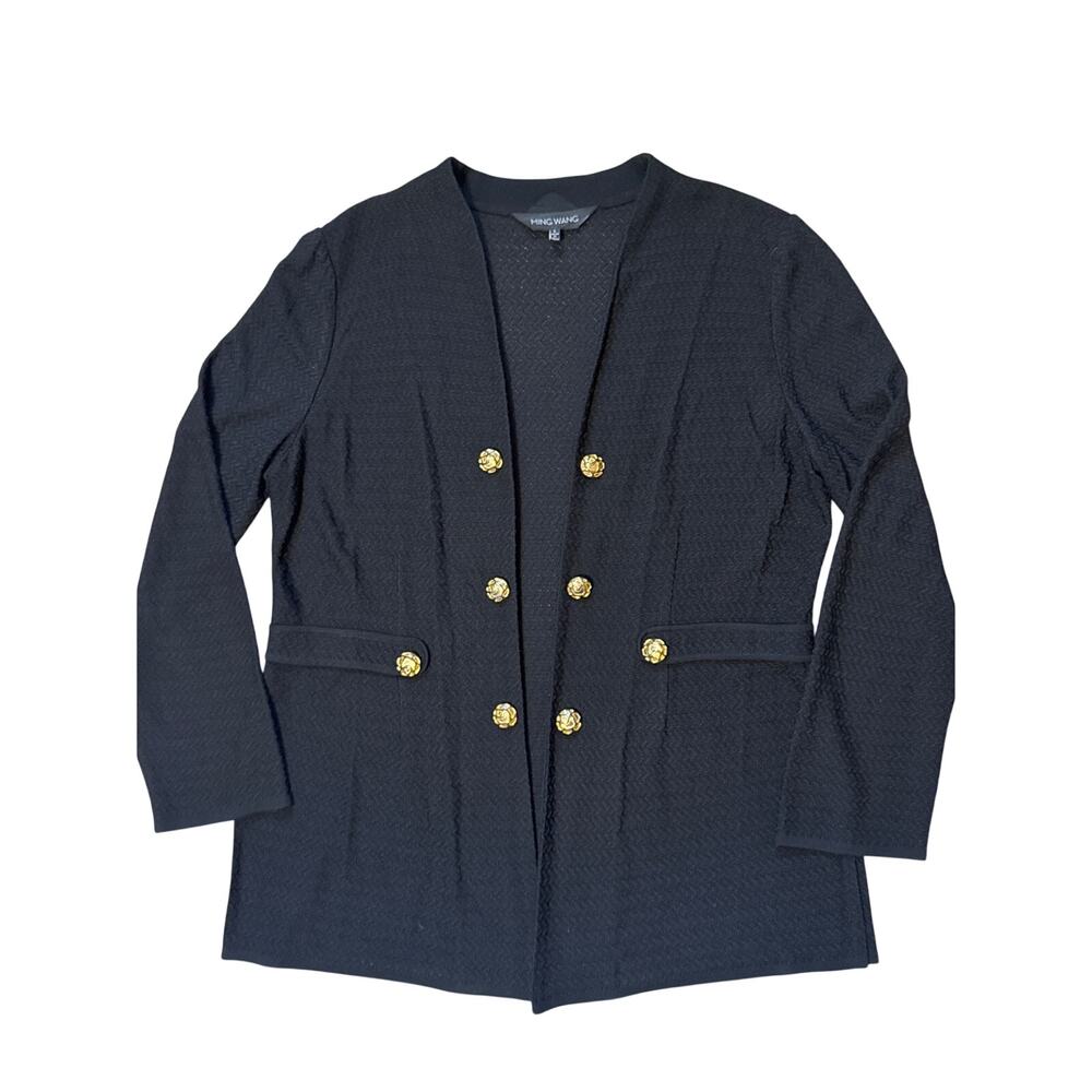 Ming Wang Textured Open Front Military Cardigan Gold Tone Button Detail Large